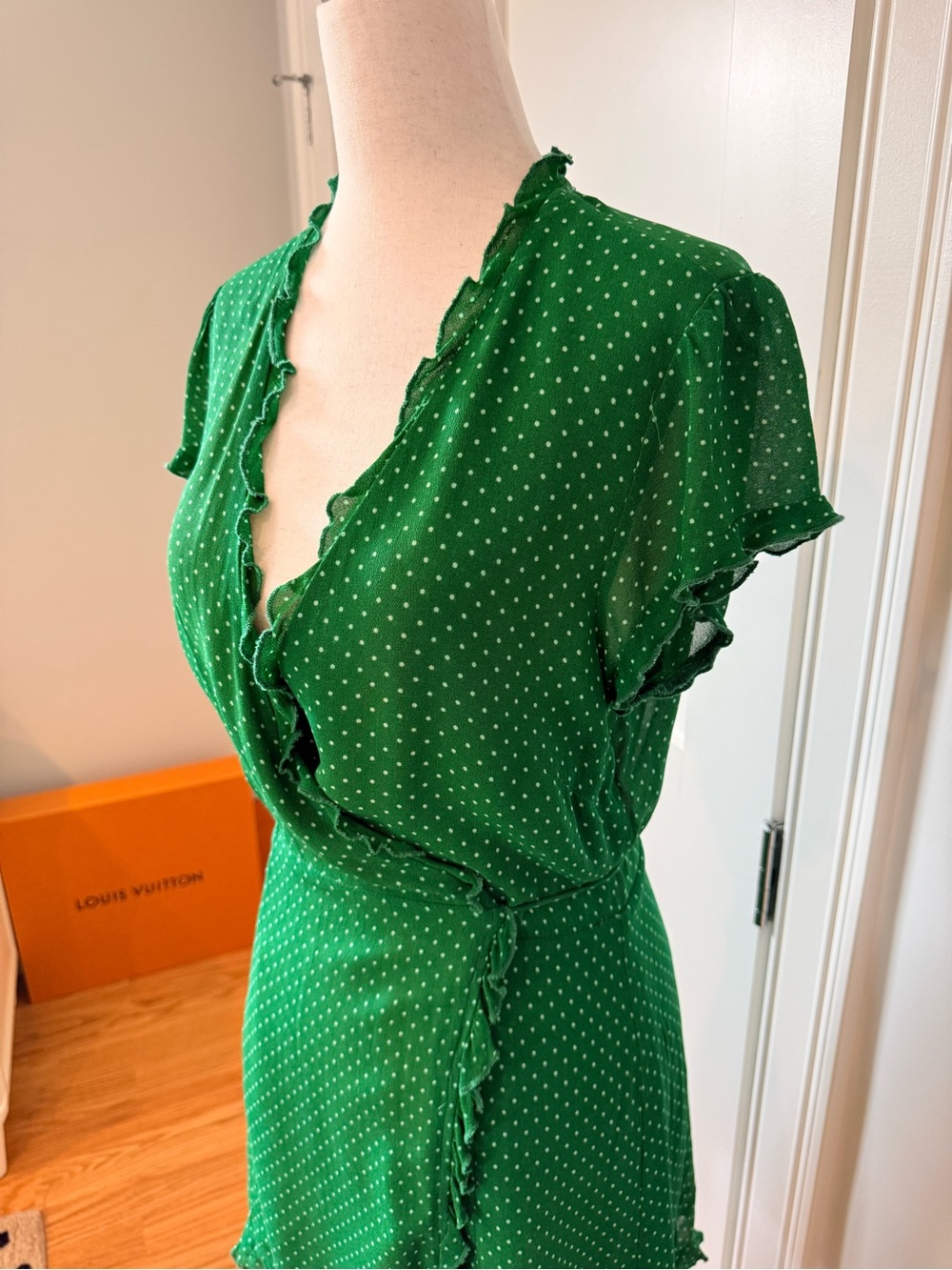 Reformation Sicilia Green Polka Dot Mini Wrap Dress - Picture 9 of 16